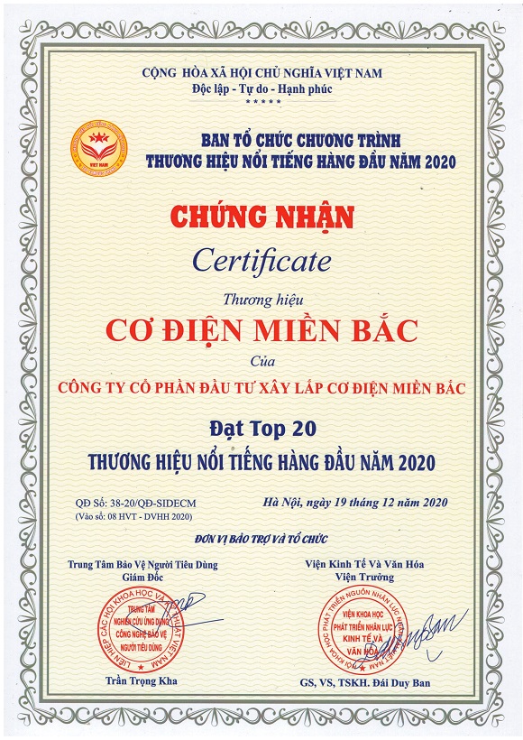 CHỨNG NHẬN TOP 20 THƯƠNG HIỆU NỔI TIẾNG HÀNG ĐẦU VN